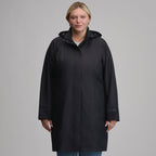 Women's hooded waterproof trench coat with long sleeves and front pockets