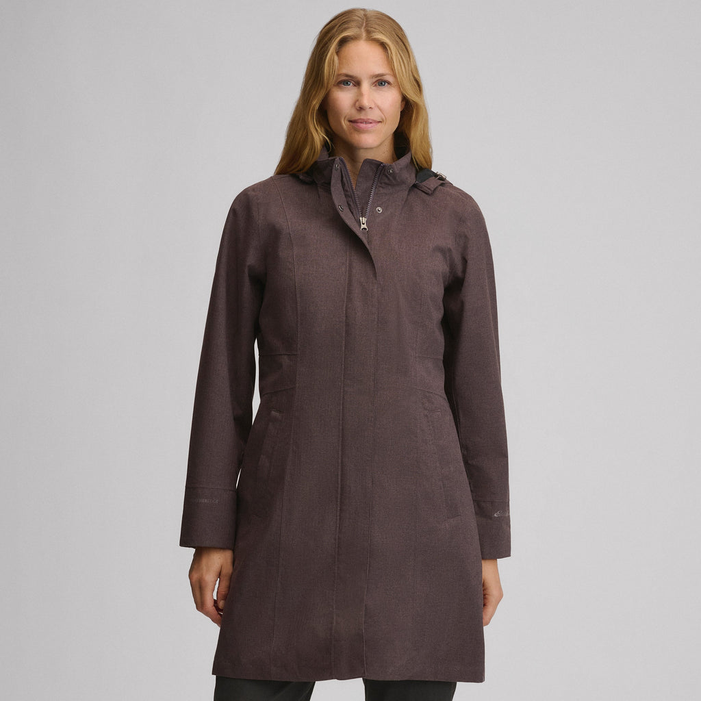 Women's hooded waterproof trench coat with long sleeves and front pockets