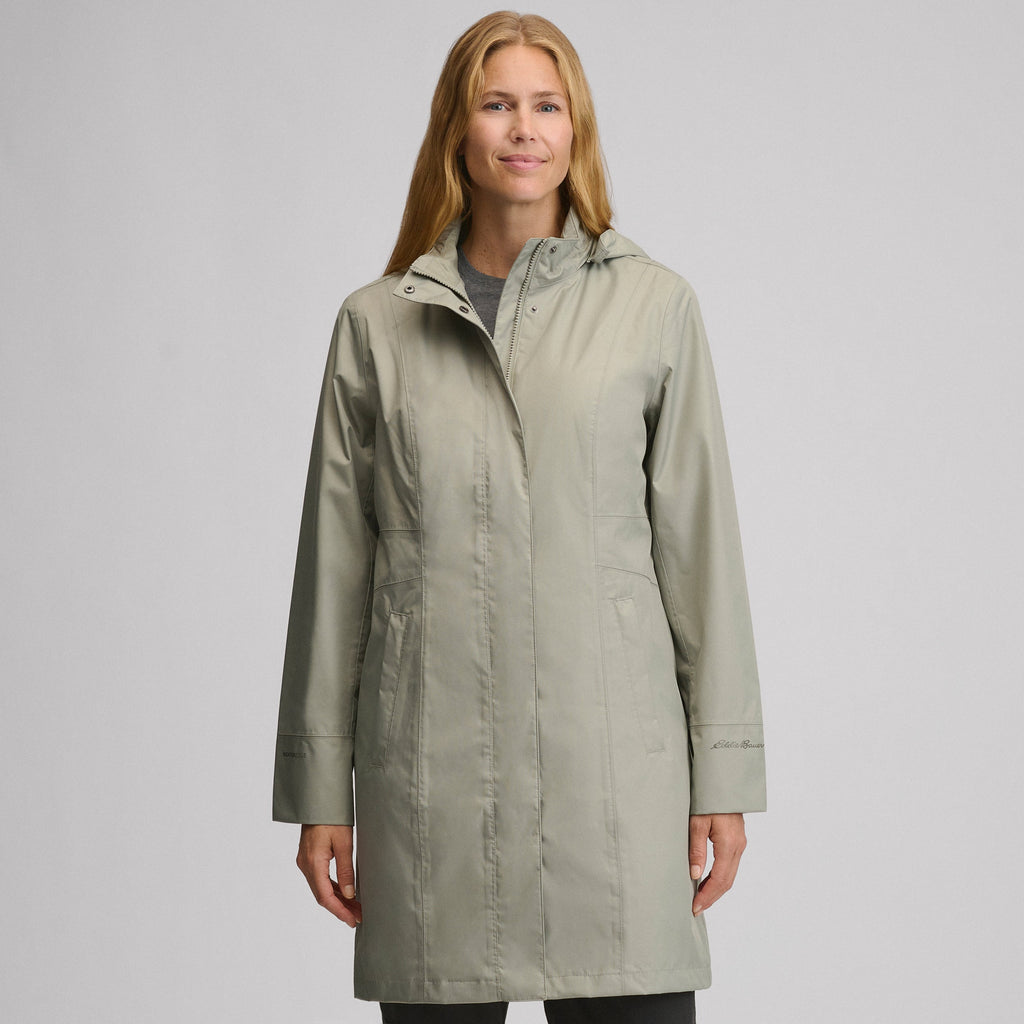 Women's hooded waterproof trench coat with long sleeves and front pockets