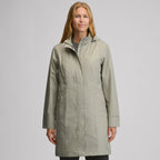 Women's hooded waterproof trench coat with long sleeves and front pockets