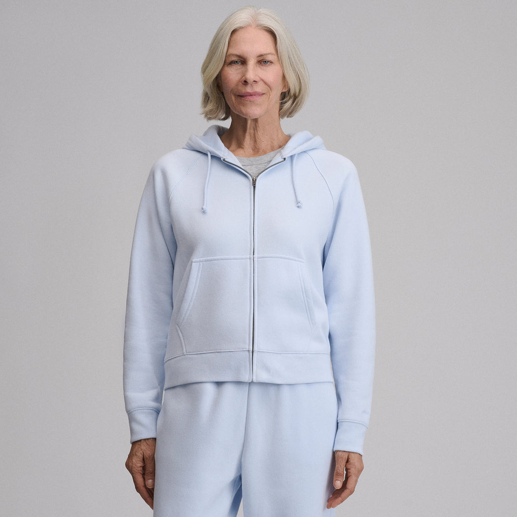 Women's full-zip hoodie with drawstring hood and front pouch pockets