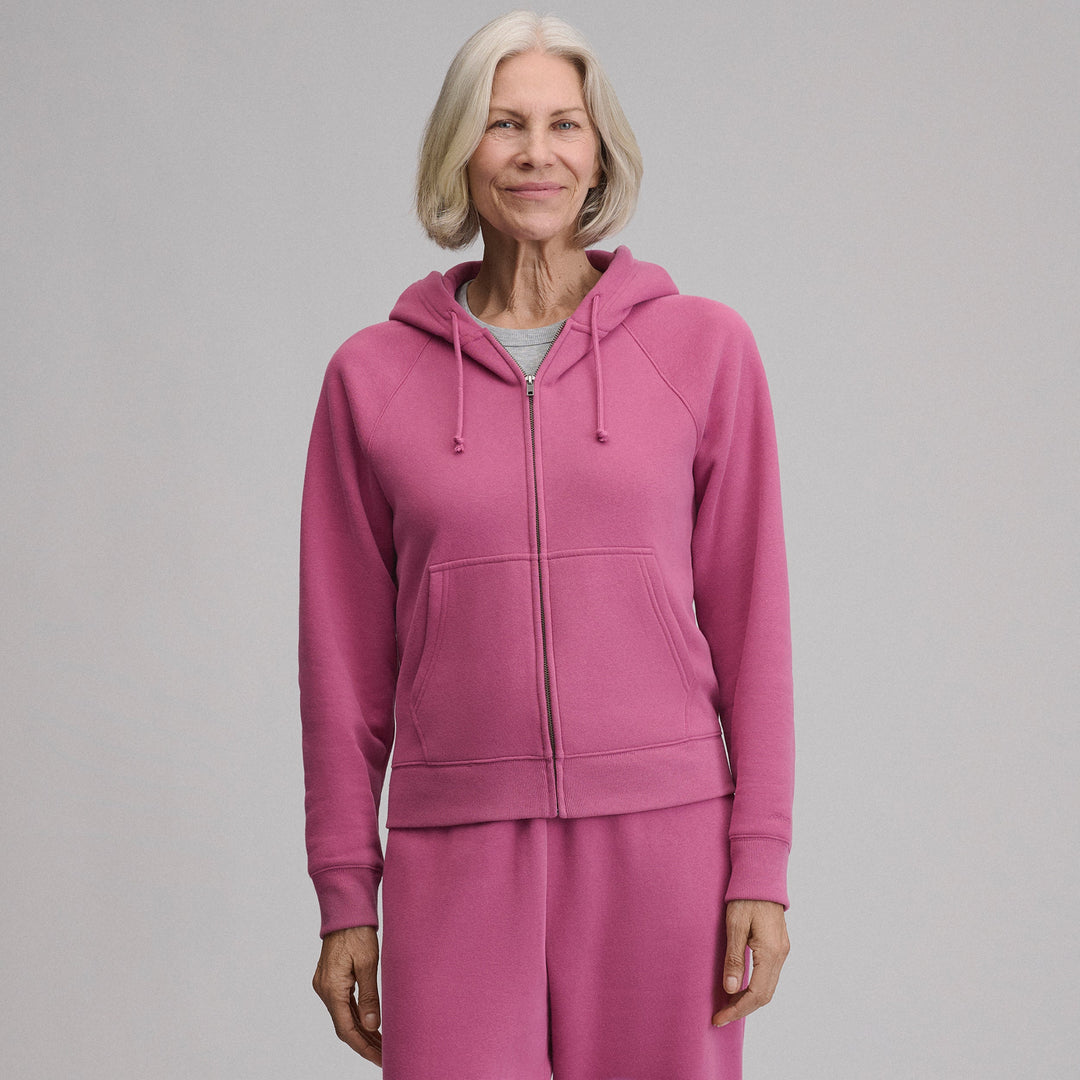 Women's full-zip hoodie with drawstring hood and front pouch pockets