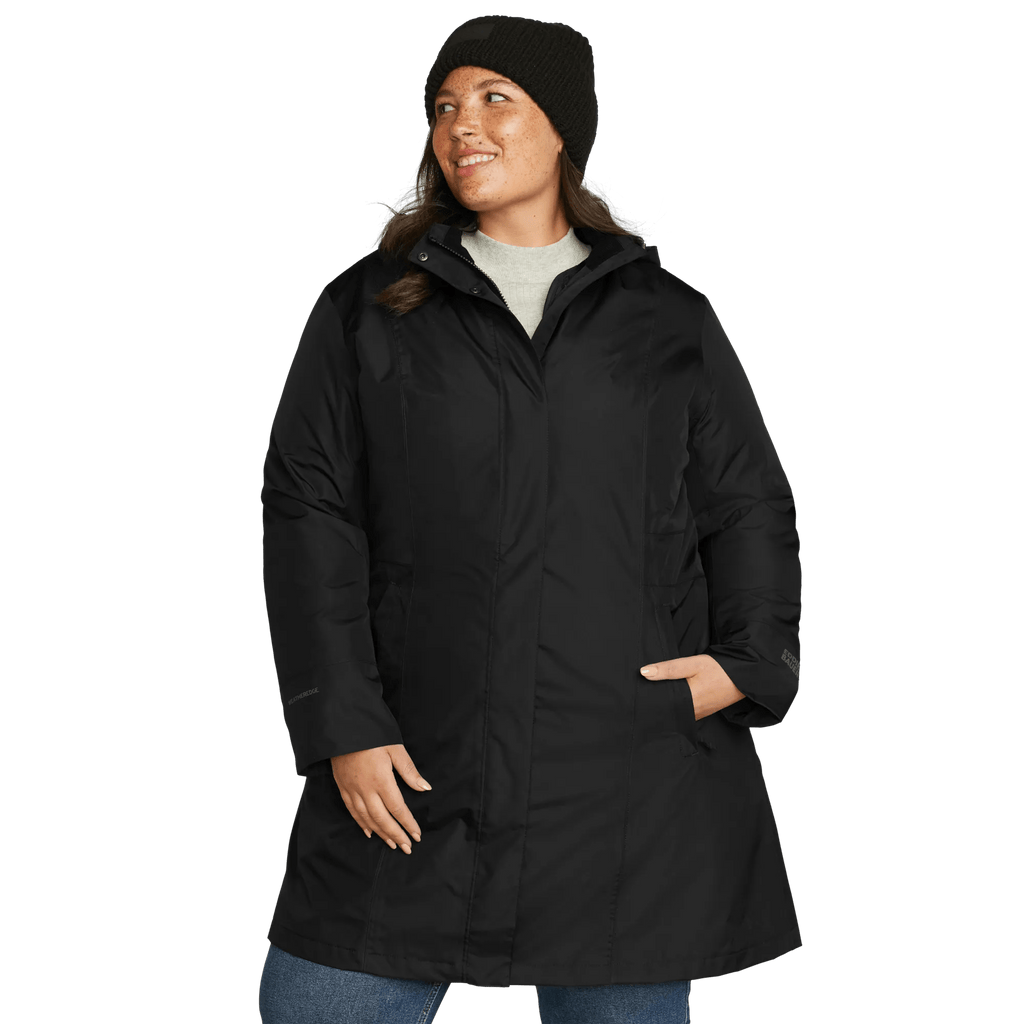 Women's black hooded trench coat with long sleeves and zipped pockets