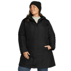 Women's black hooded trench coat with long sleeves and zipped pockets