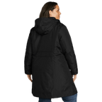 Women's black hooded trench coat with long sleeves and zipped pockets