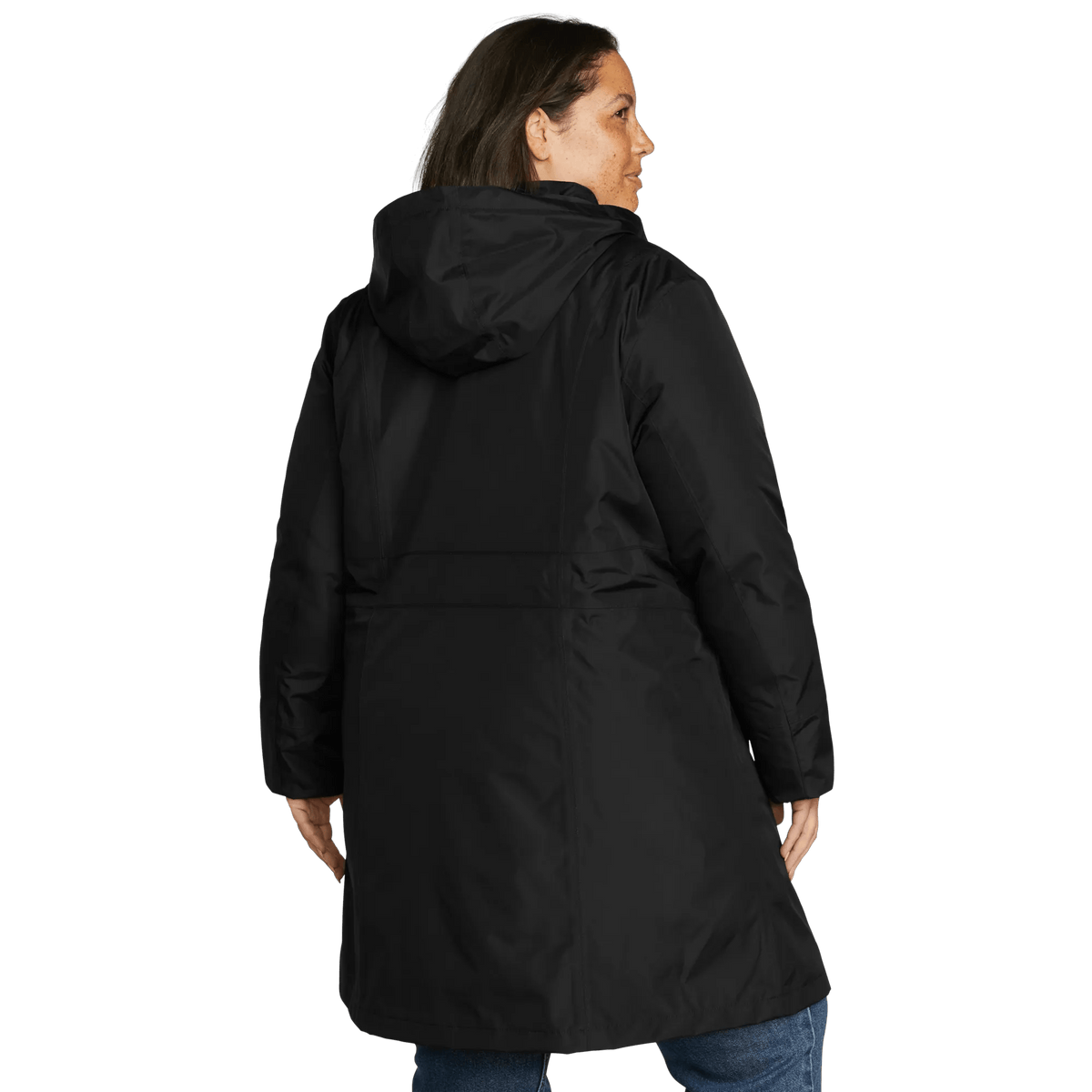Women's black hooded trench coat with long sleeves and zipped pockets