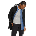 Women's black hooded waterproof trench coat with long sleeves and front zip