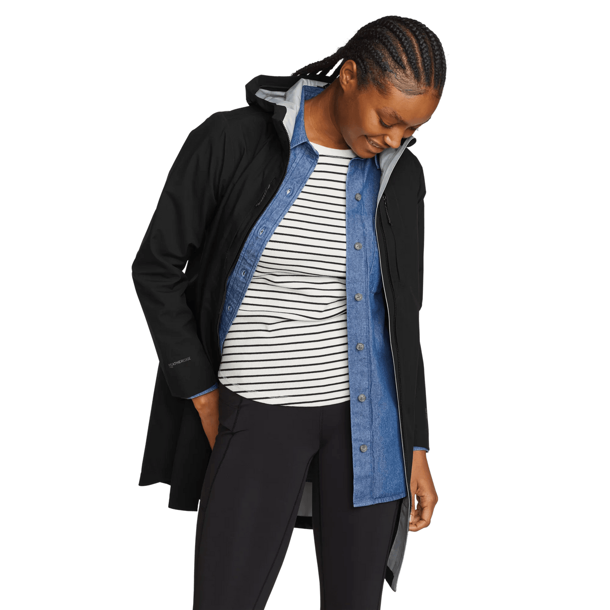 Women's black hooded waterproof trench coat with long sleeves and front zip