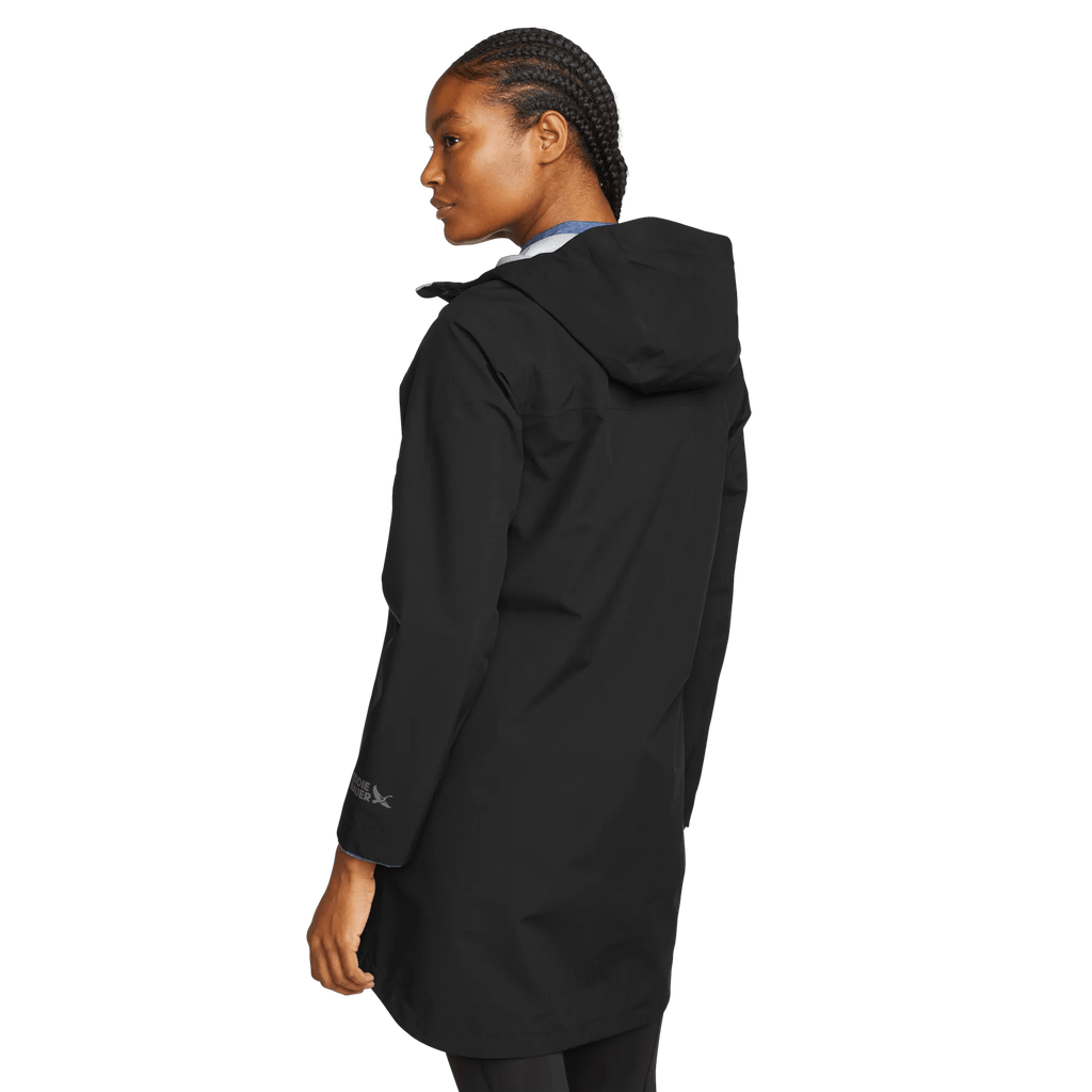 Women's black hooded waterproof trench coat with long sleeves and front zip