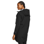Women's black hooded waterproof trench coat with long sleeves and front zip
