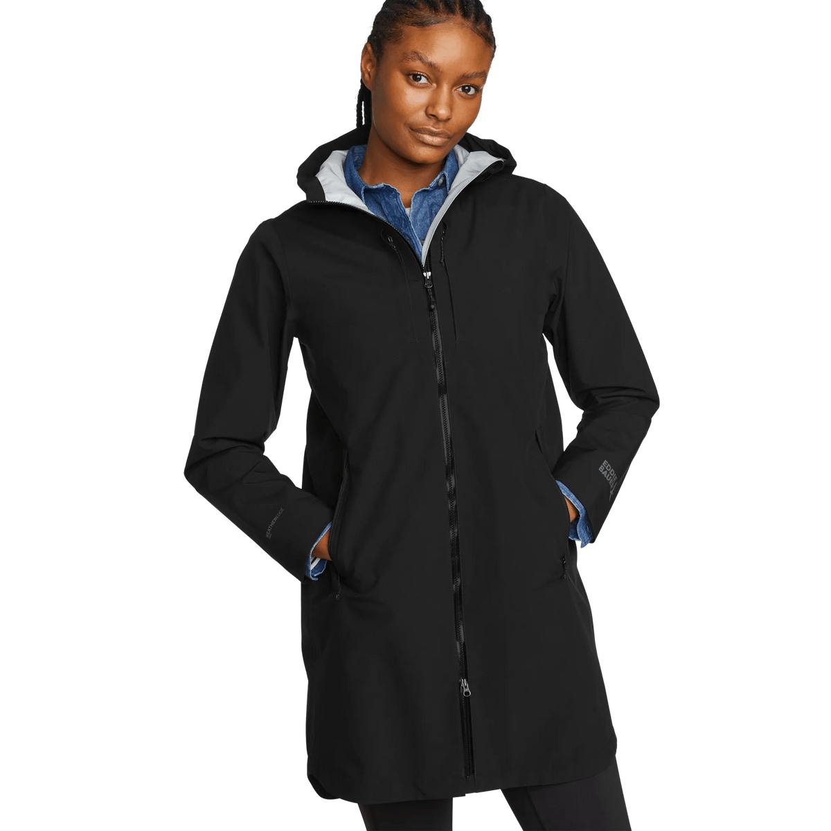 Women's black hooded waterproof trench coat with long sleeves and front zip