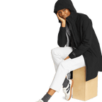 Women's black hooded waterproof trench coat with long sleeves and front zip