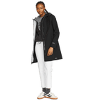 Women's black hooded waterproof trench coat with long sleeves and front zip