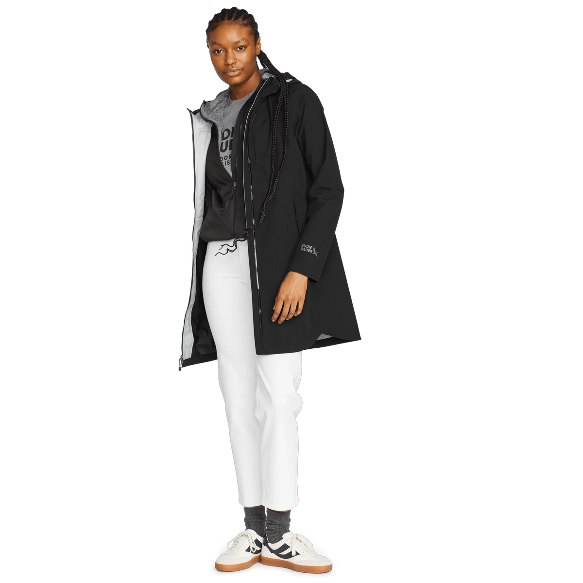 Women's black hooded waterproof trench coat with long sleeves and front zip