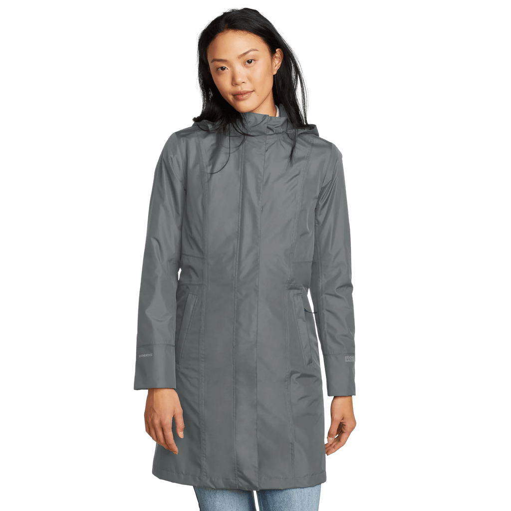 Women's hooded waterproof trench coat with long sleeves and front pockets