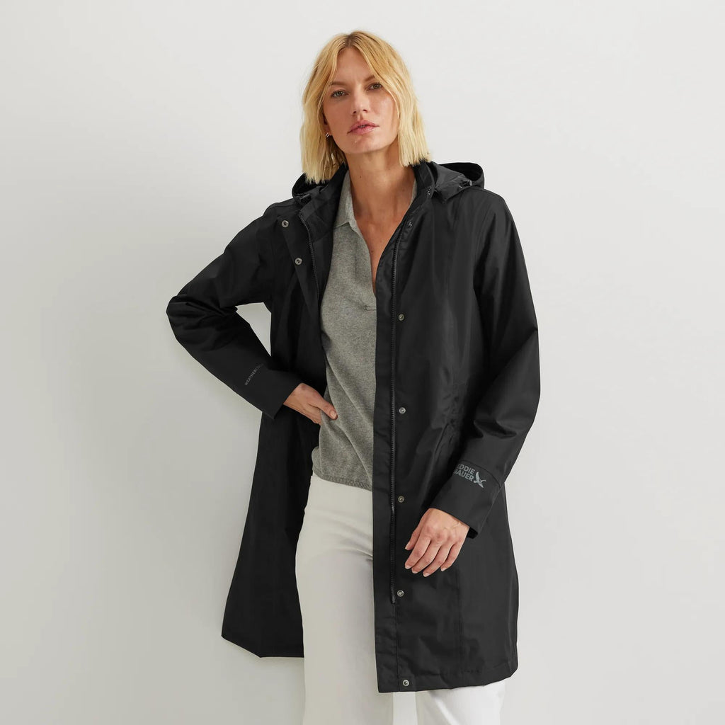 Women's hooded waterproof trench coat with long sleeves and front pockets