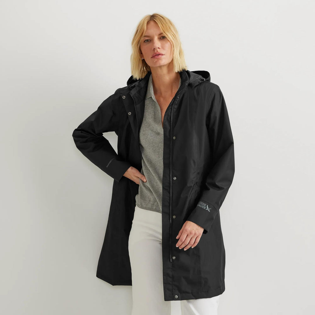 Women's hooded waterproof trench coat with long sleeves and front pockets