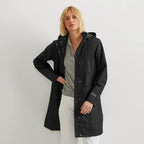 Women's hooded waterproof trench coat with long sleeves and front pockets