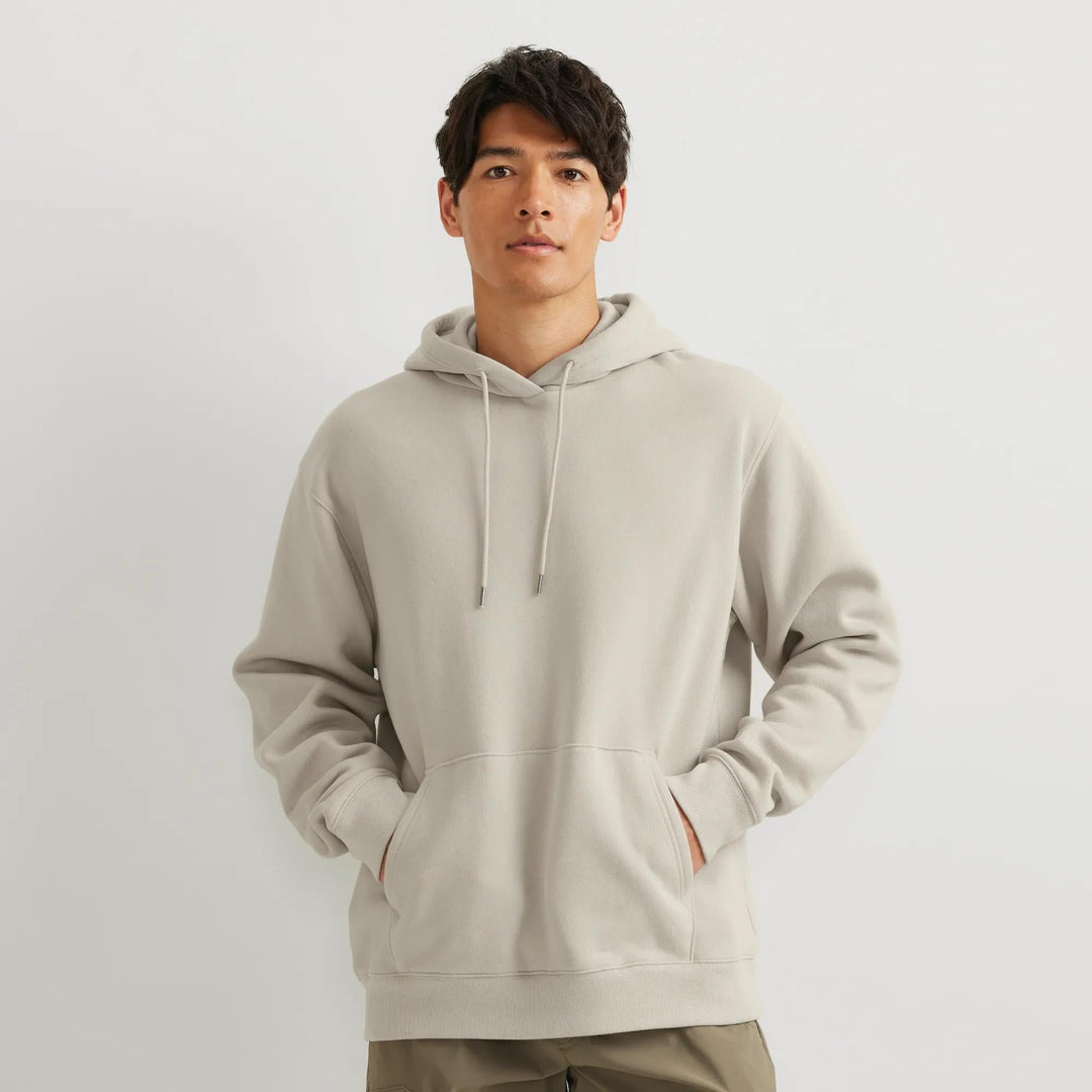 Men's plain pullover hoodie with drawstring hood and front kangaroo pocket