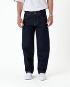Men's dark rinse relaxed straight leg jeans with five-pocket design