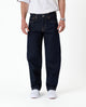 Men's dark rinse relaxed straight leg jeans with five-pocket design