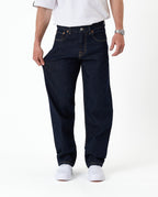 Men's dark rinse relaxed straight leg jeans with five-pocket design