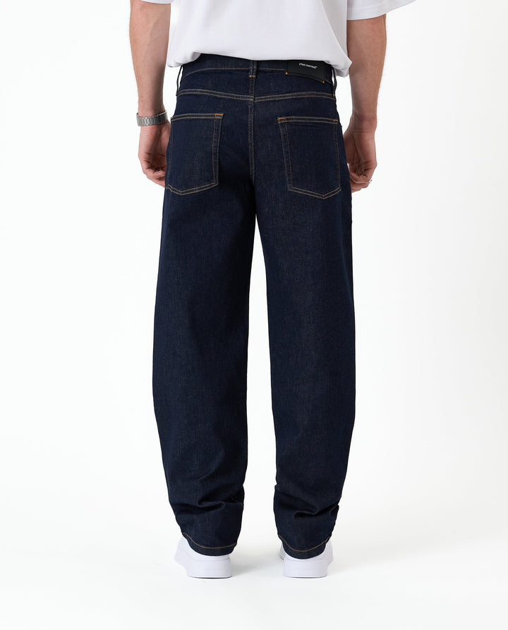 Men's dark rinse relaxed straight leg jeans with five-pocket design