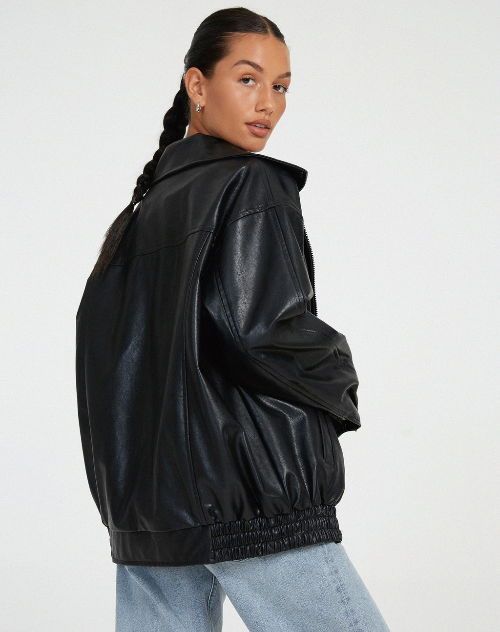 Women's oversized bomber jacket with collared neckline, zip front and elasticated hem