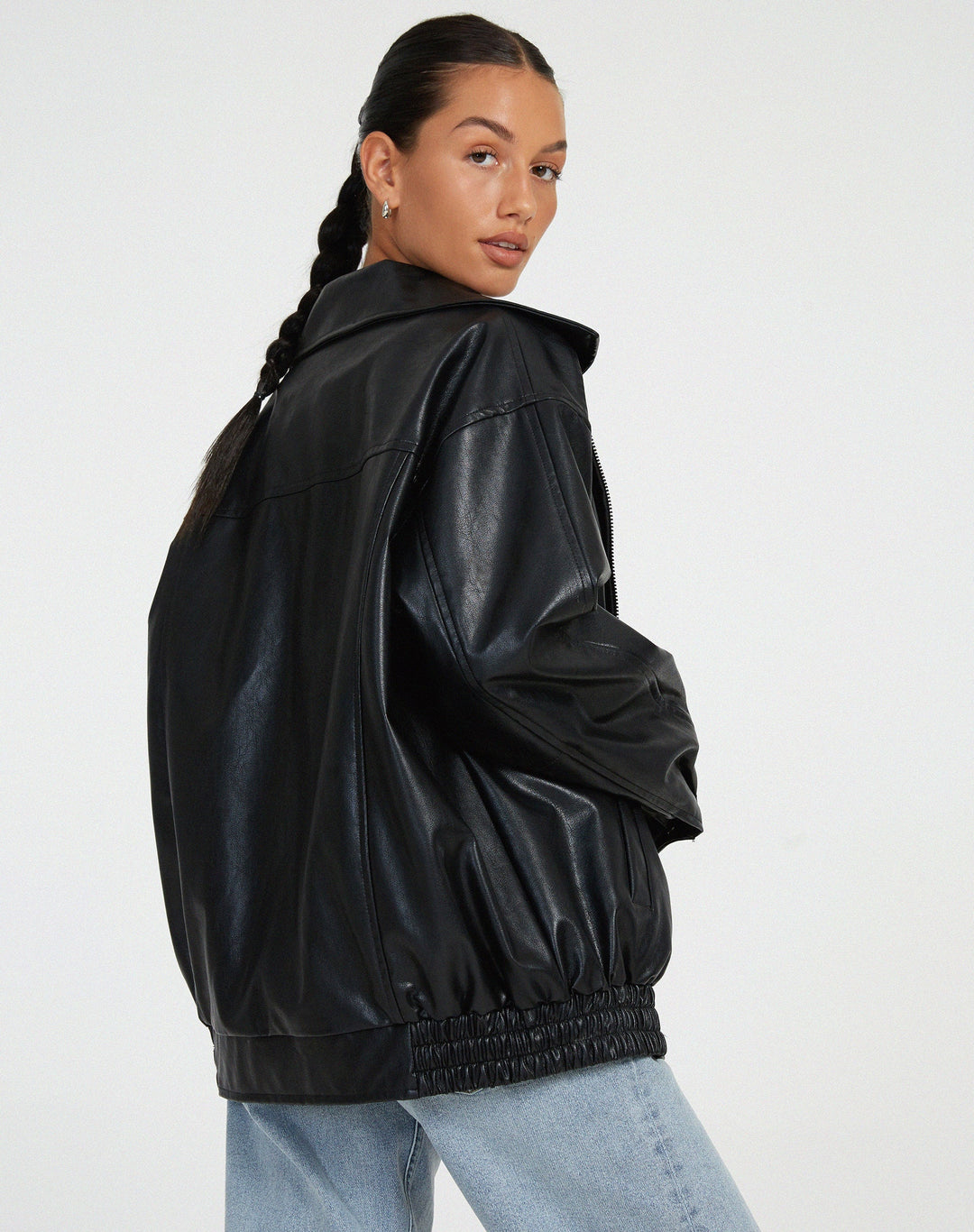 Women's oversized bomber jacket with collared neckline, zip front and elasticated hem