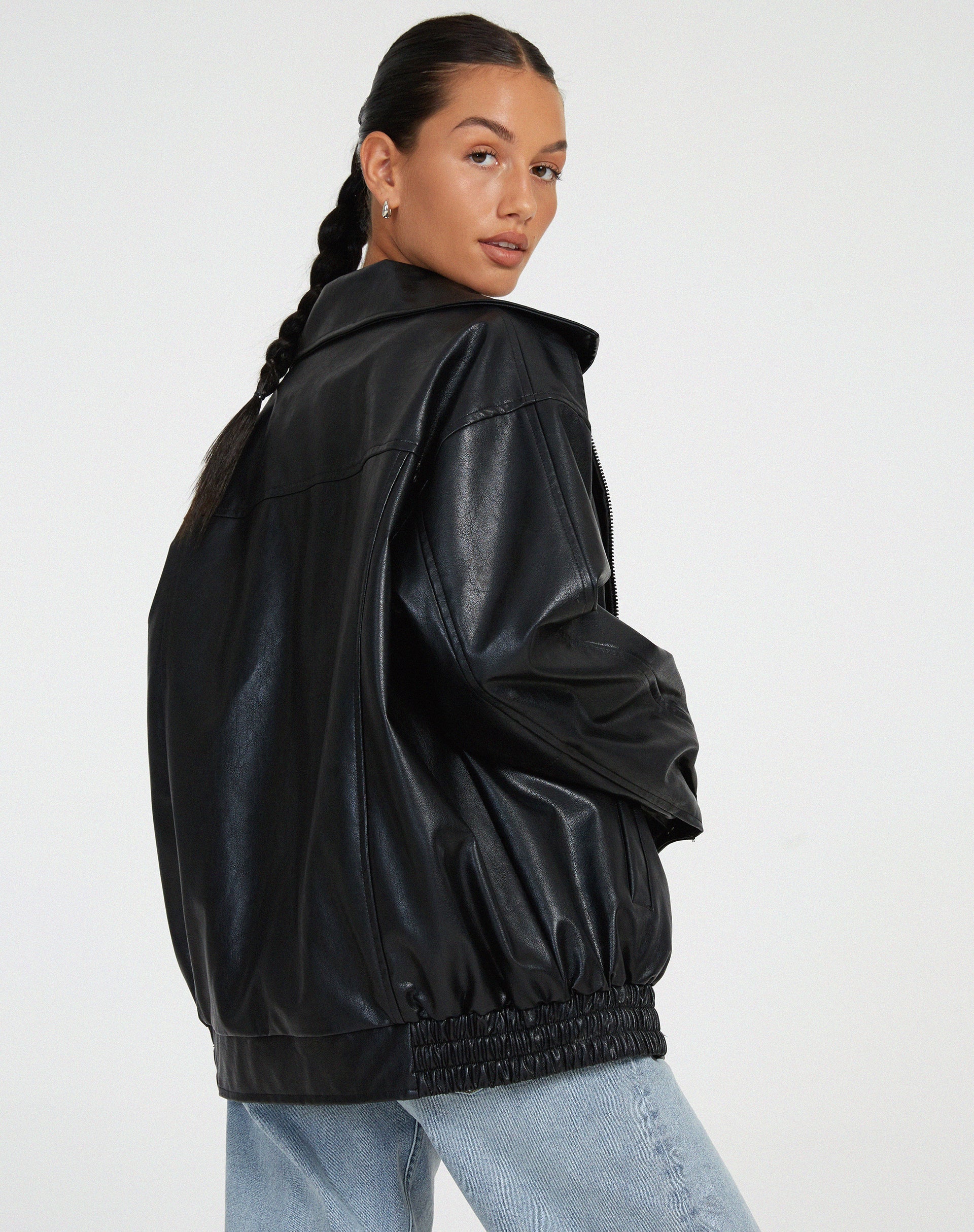 Women's oversized bomber jacket with collared neckline, zip front and elasticated hem