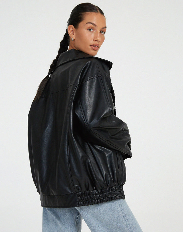 Women's oversized bomber jacket with collared neckline, zip front and elasticated hem