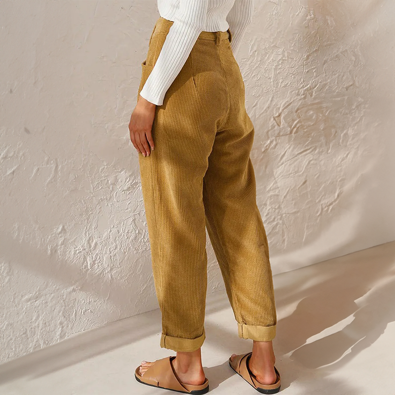 Women's high-waisted wide-leg corduroy trousers with rolled cuffs