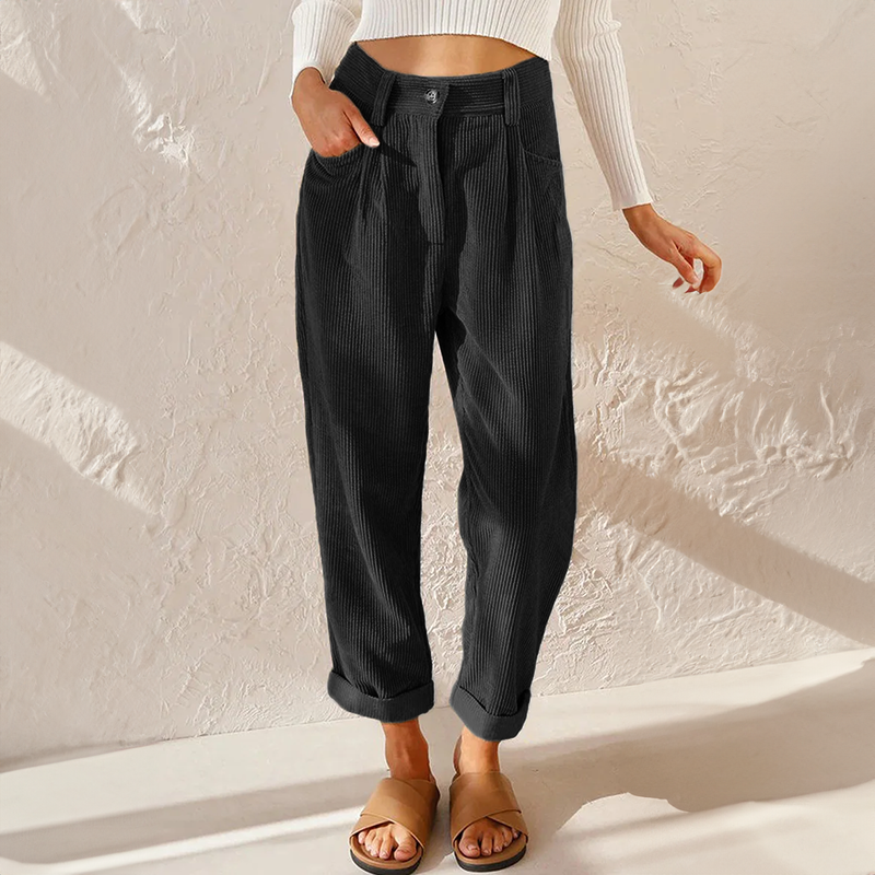 Women's high-waisted wide-leg corduroy trousers with rolled cuffs