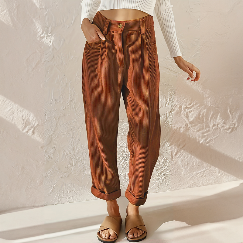 Women's high-waisted wide-leg corduroy trousers with rolled cuffs