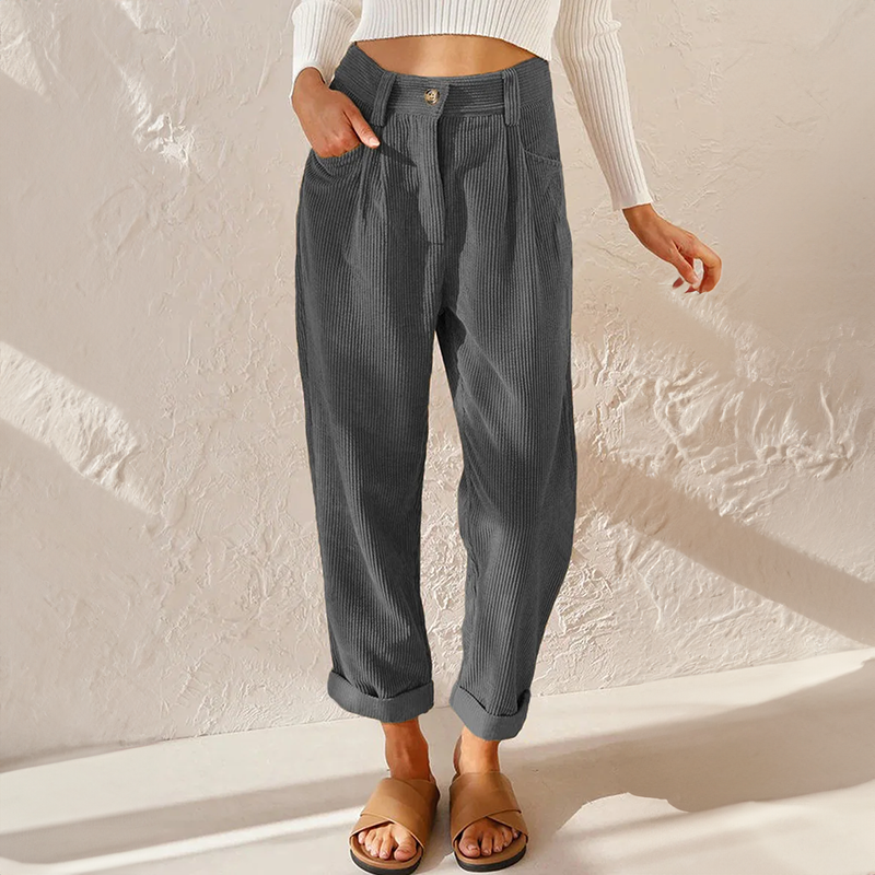Women's high-waisted wide-leg corduroy trousers with rolled cuffs