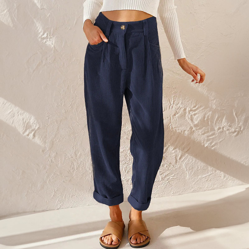 Women's high-waisted wide-leg corduroy trousers with rolled cuffs