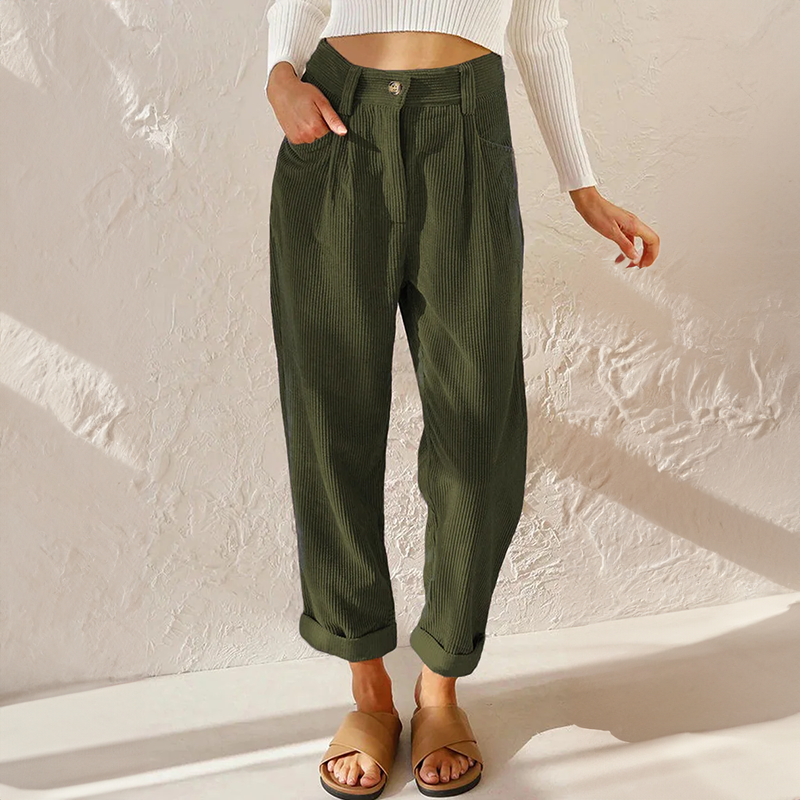 Women's high-waisted wide-leg corduroy trousers with rolled cuffs