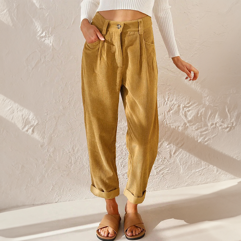 Women's high-waisted wide-leg corduroy trousers with rolled cuffs