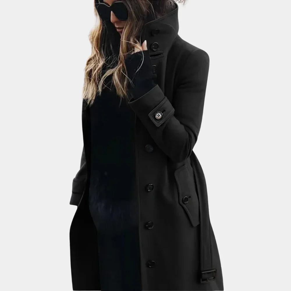 Women's tailored trench coat with high collar, button front and flap pockets