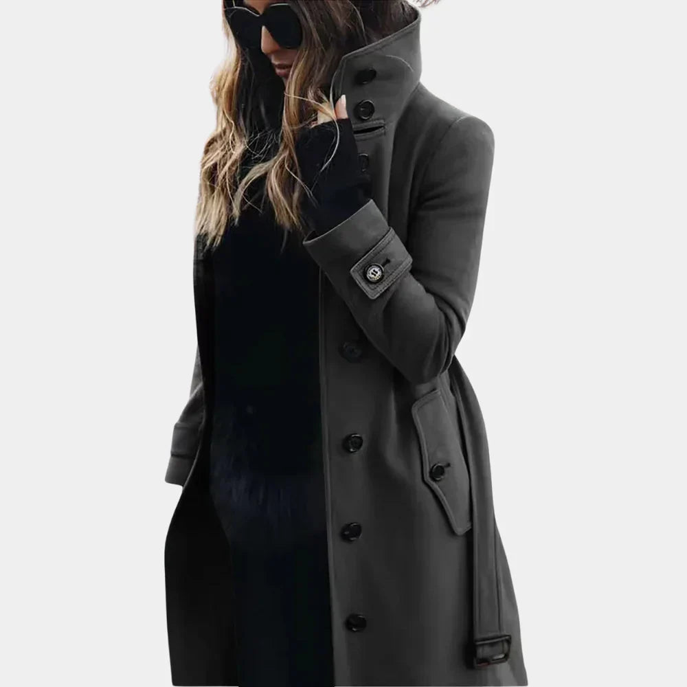 Women's tailored trench coat with high collar, button front and flap pockets