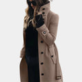 Women's tailored trench coat with high collar, button front and flap pockets