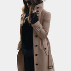 Women's tailored trench coat with high collar, button front and flap pockets