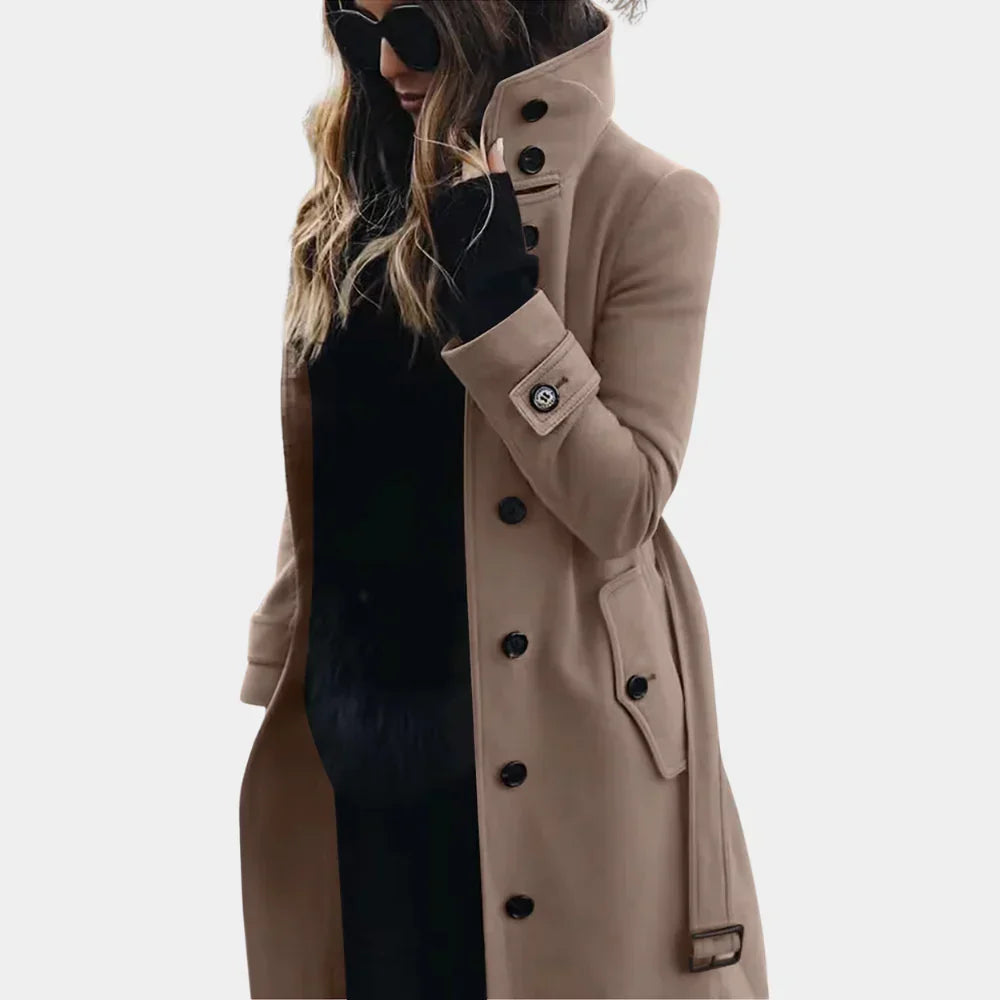 Women's tailored trench coat with high collar, button front and flap pockets