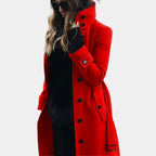 Women's tailored trench coat with high collar, button front and flap pockets