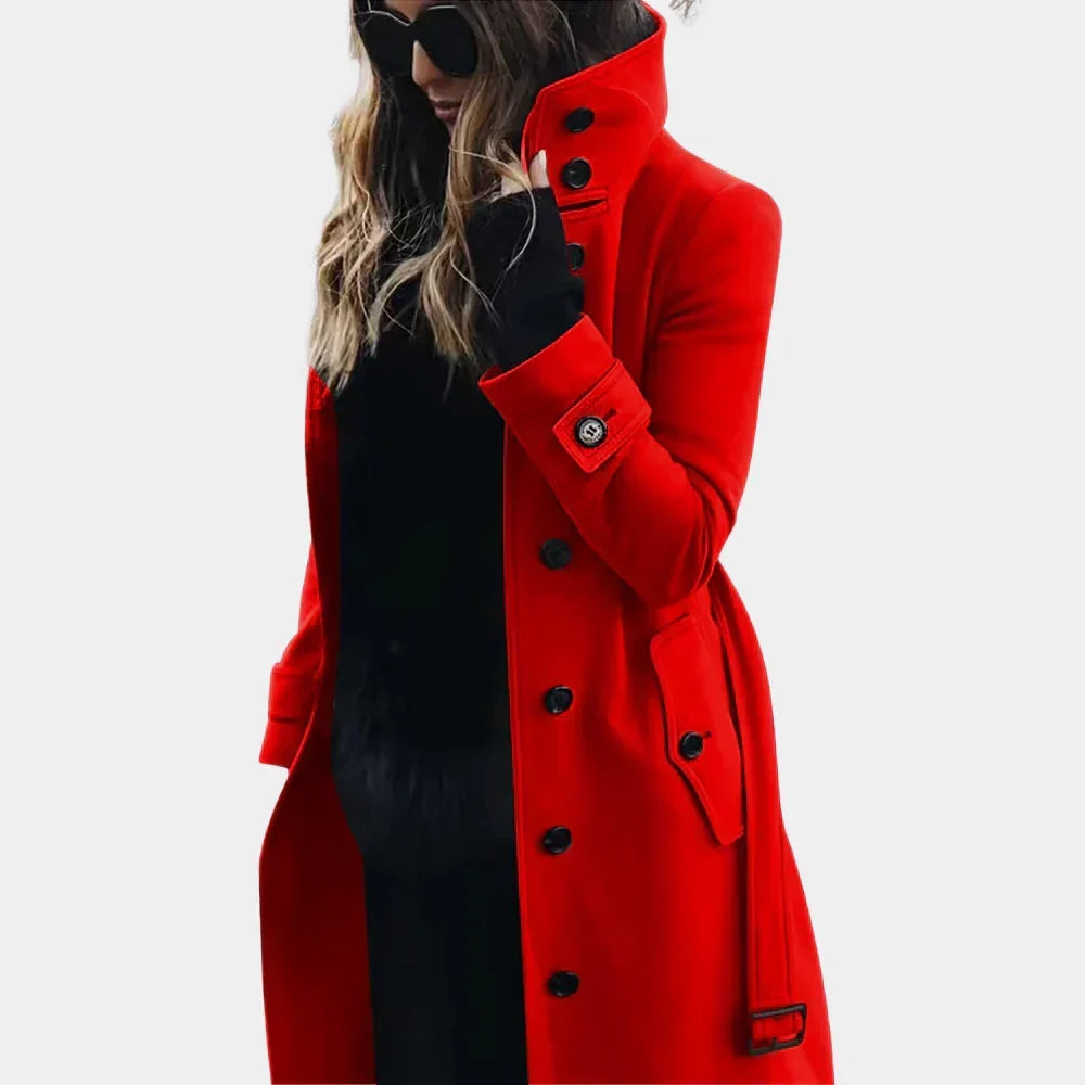 Women's tailored trench coat with high collar, button front and flap pockets