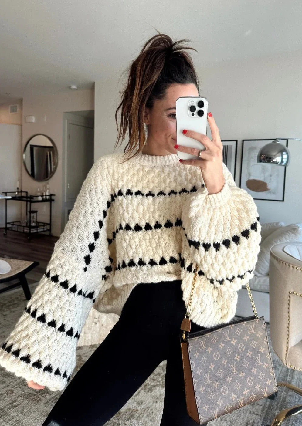 Women's black and white textured patterned knit sweater