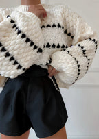 Women's black and white textured patterned knit sweater
