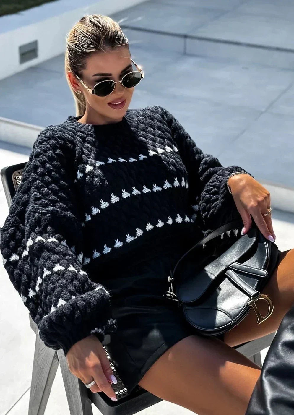 Women's black and white textured patterned knit sweater