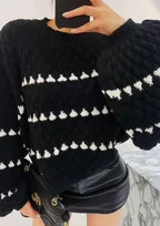 Women's black and white textured patterned knit sweater