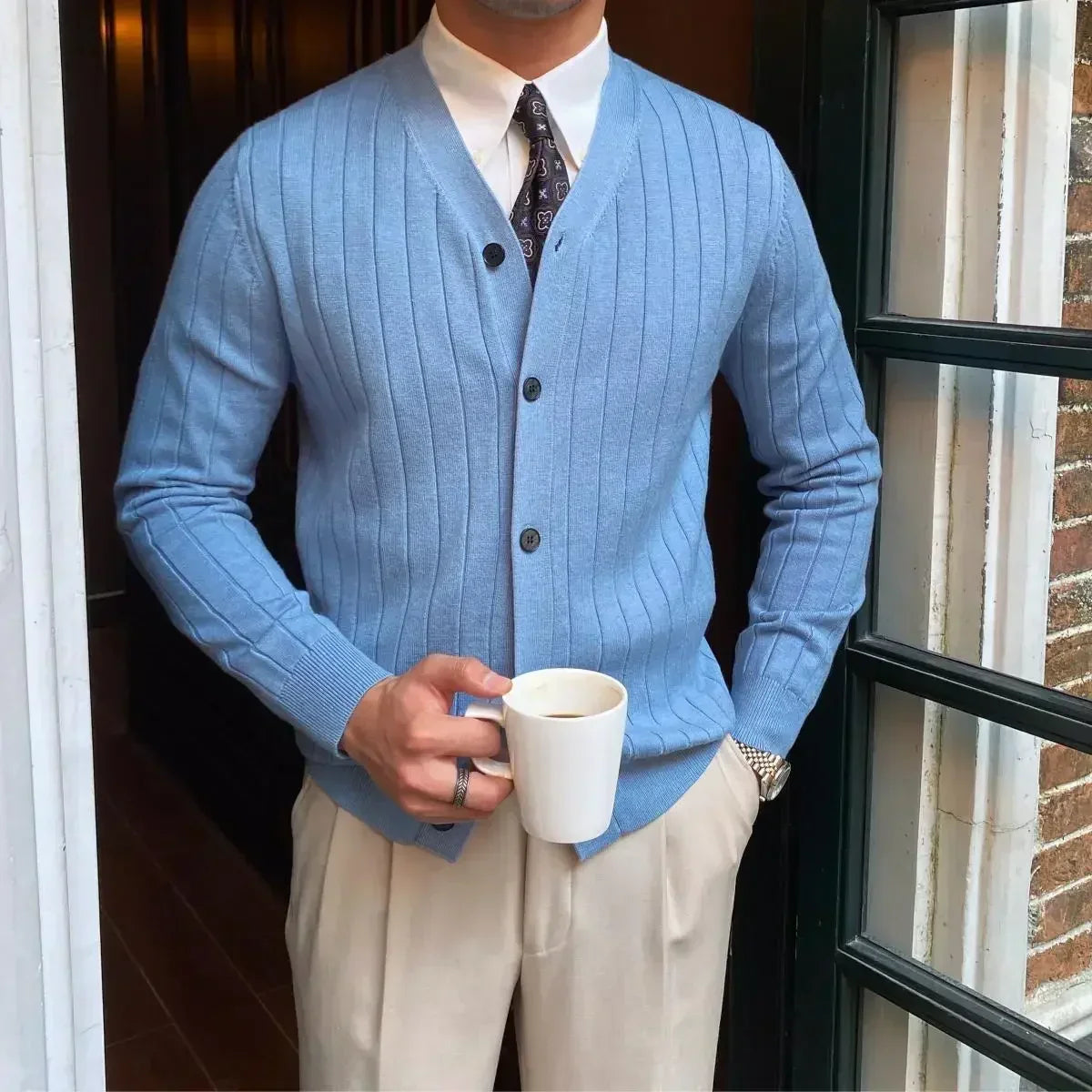 Men's V-neck ribbed cardigan with button front